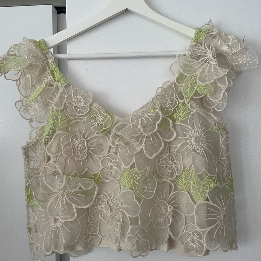 Anthropologie Cream Floral Lace Top with Lime Embroidery